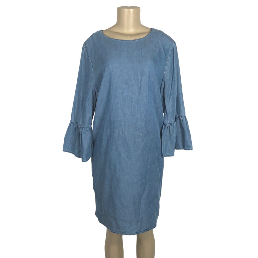 Beachlunchlounge Chambray Denim Bell Sleeve Shift Dress Medium Western Cowgirl